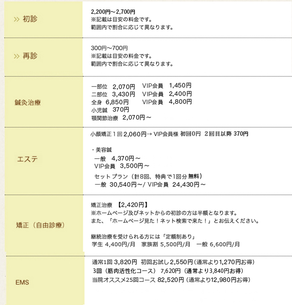 南千里山鍼灸整骨院メニュー